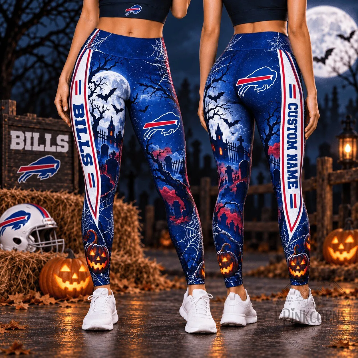 Buffalo Bills Halloween Haunted Game Day Custom Name Leggings for Women
